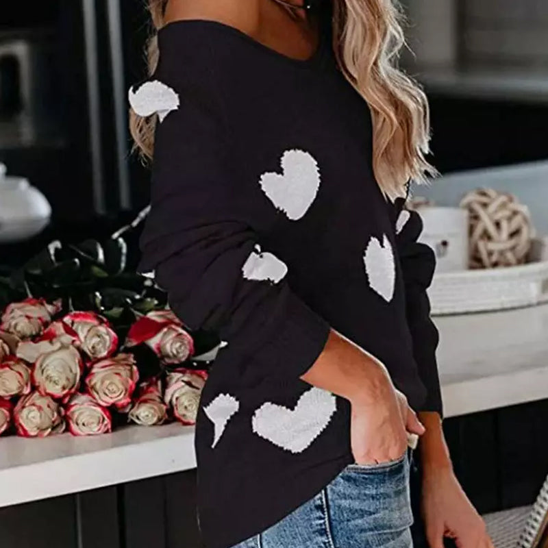 Herz V-Ausschnitt Strick Langarm Pullover