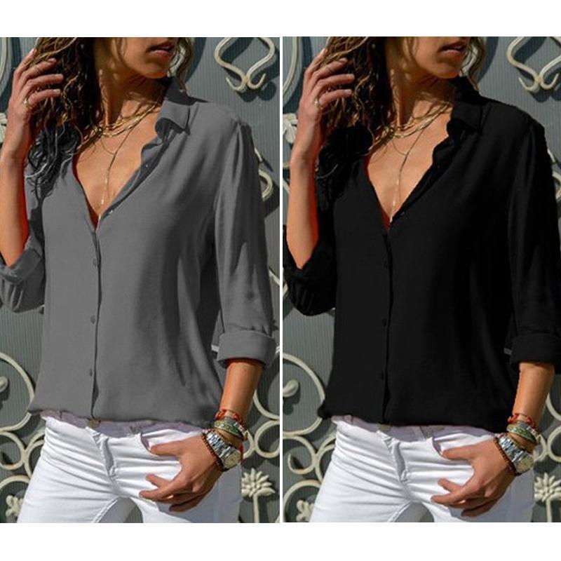 Damen langärmelige Chiffon Bluse mit Stehkragen