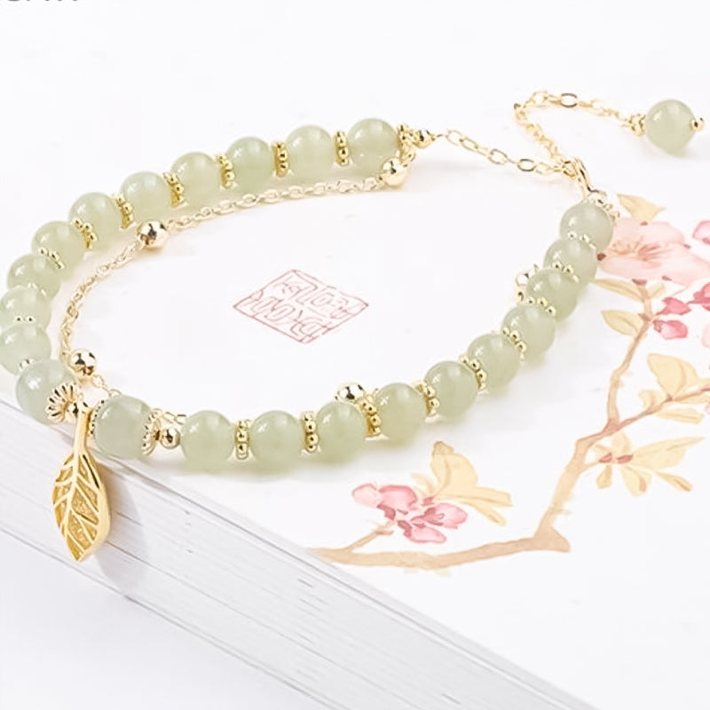 Doppelschichtiges Hetian-Jade-Armband mit Blättern