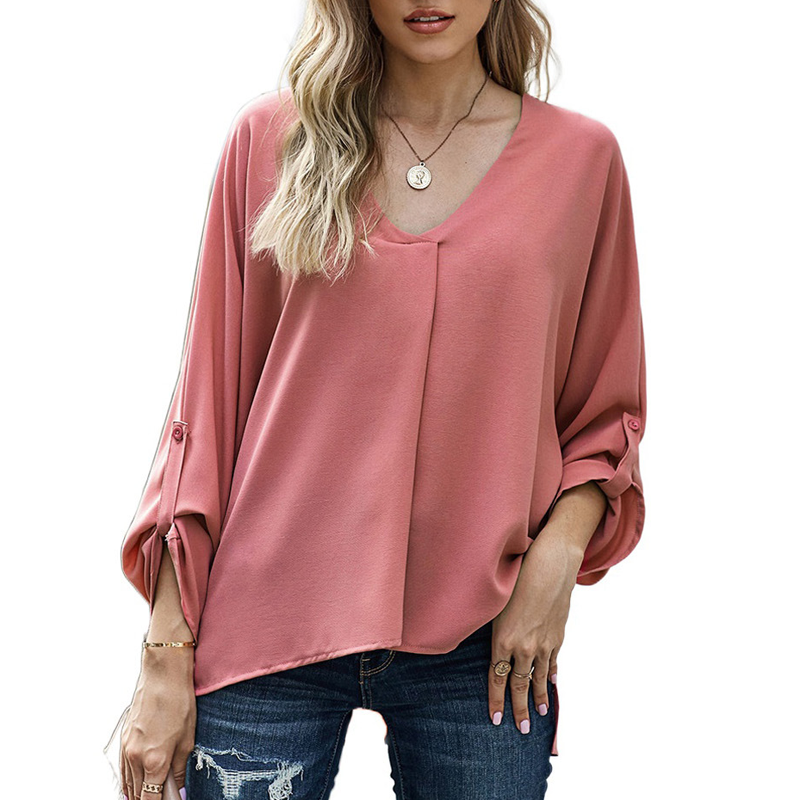 Damen Herbst-Chiffon-Bluse mit V-Ausschnitt