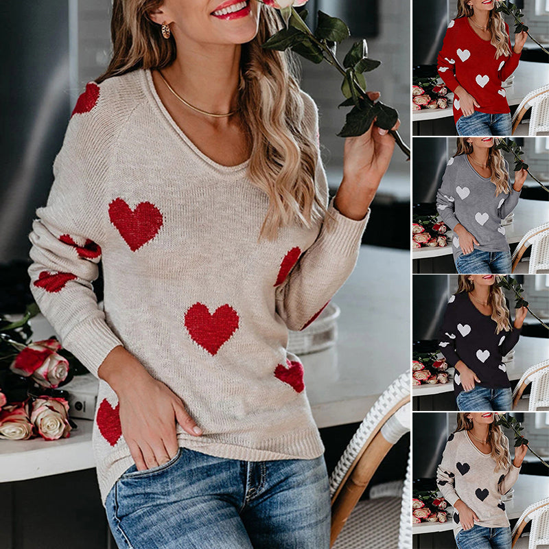Herz V-Ausschnitt Strick Langarm Pullover