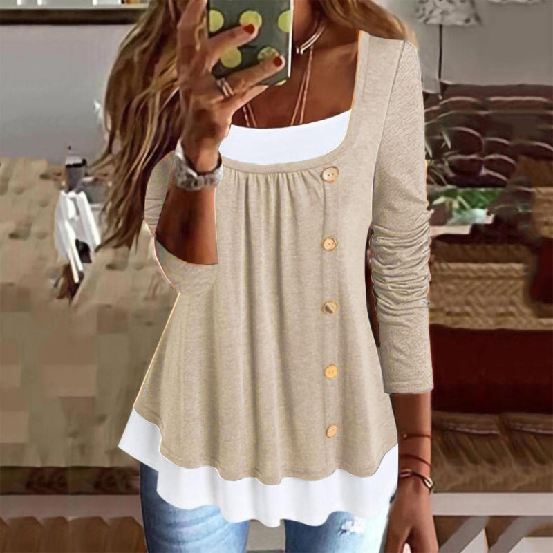 Damen-T-Shirt mit plissierten Knöpfen und langen Ärmeln