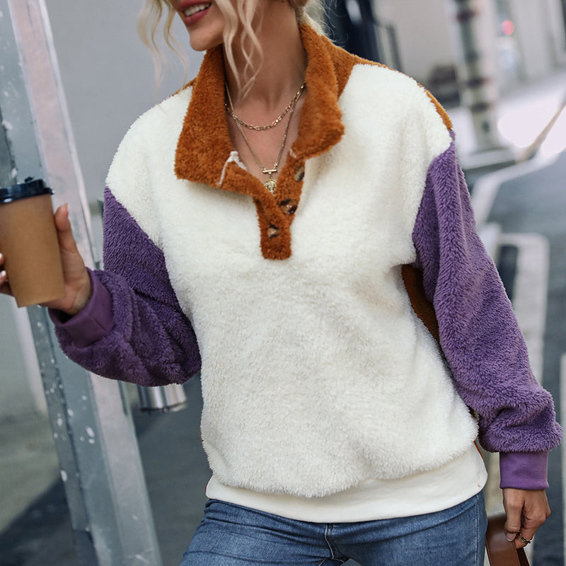 Lockerer Langärmliger Plüschpullover mit Rundhalsausschnitt und Farbblock