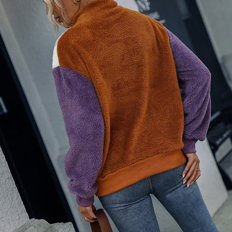 Lockerer Langärmliger Plüschpullover mit Rundhalsausschnitt und Farbblock