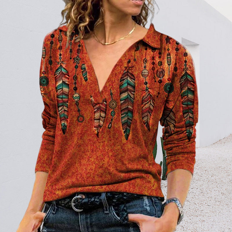 Damen Bedrucktes Langärmliges T-Shirt mit V-Revers