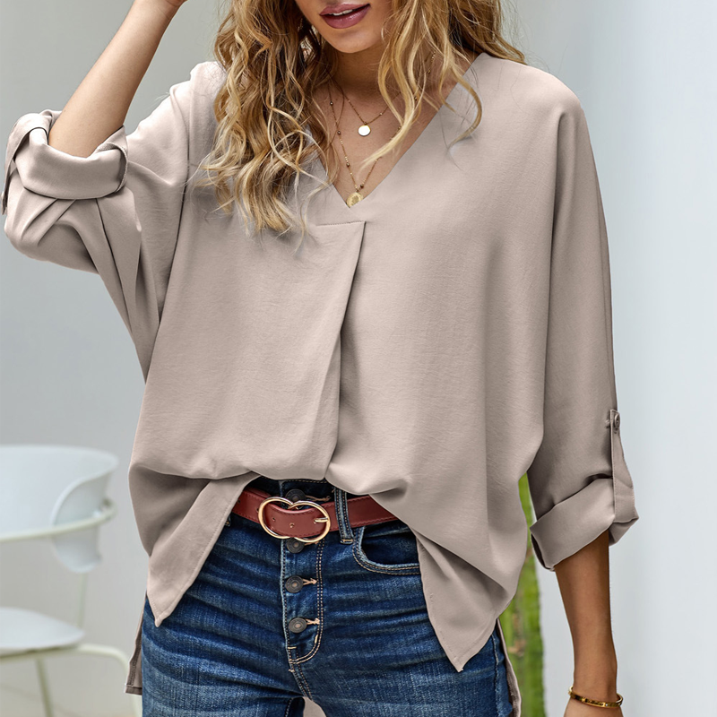 Damen Herbst-Chiffon-Bluse mit V-Ausschnitt