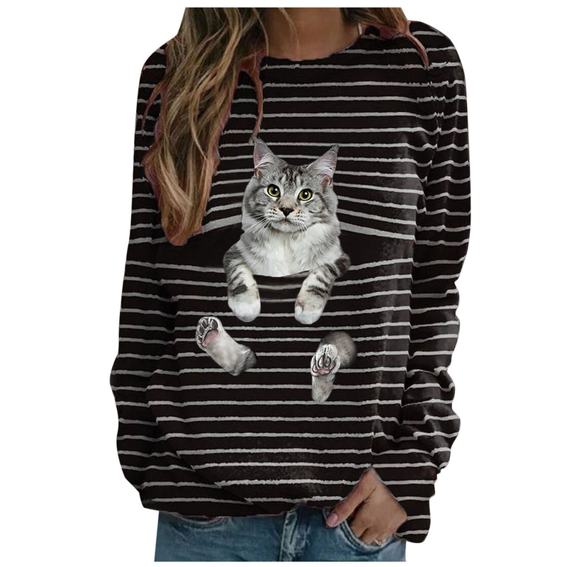 Gestreiftes T-Shirt mit Katzen-Print