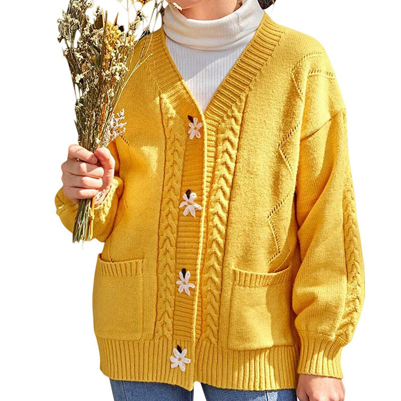 Langärmliger Blumenpullover mit V-Ausschnitt