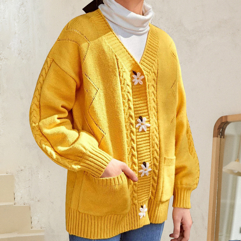 Langärmliger Blumenpullover mit V-Ausschnitt