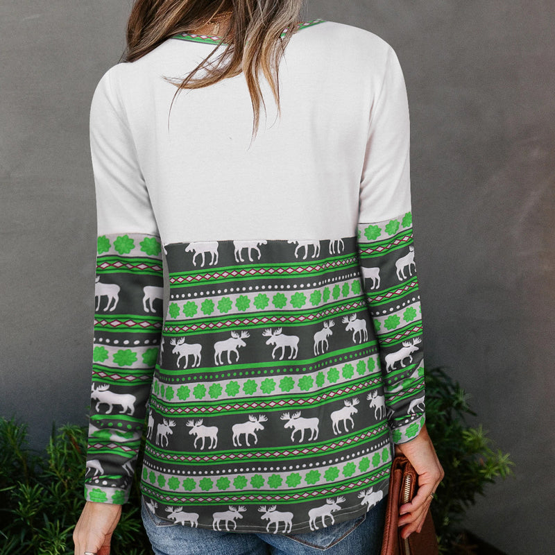 Langarm-T-Shirt mit Elch-Print und Rundhalsausschnitt