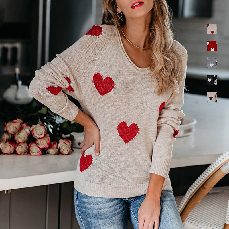 Herz V-Ausschnitt Strick Langarm Pullover