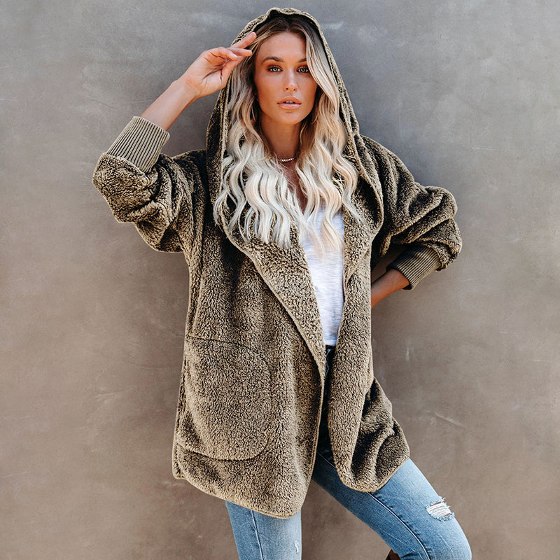Langärmlige Lässige Einfarbige Strickjacke mit Kapuze