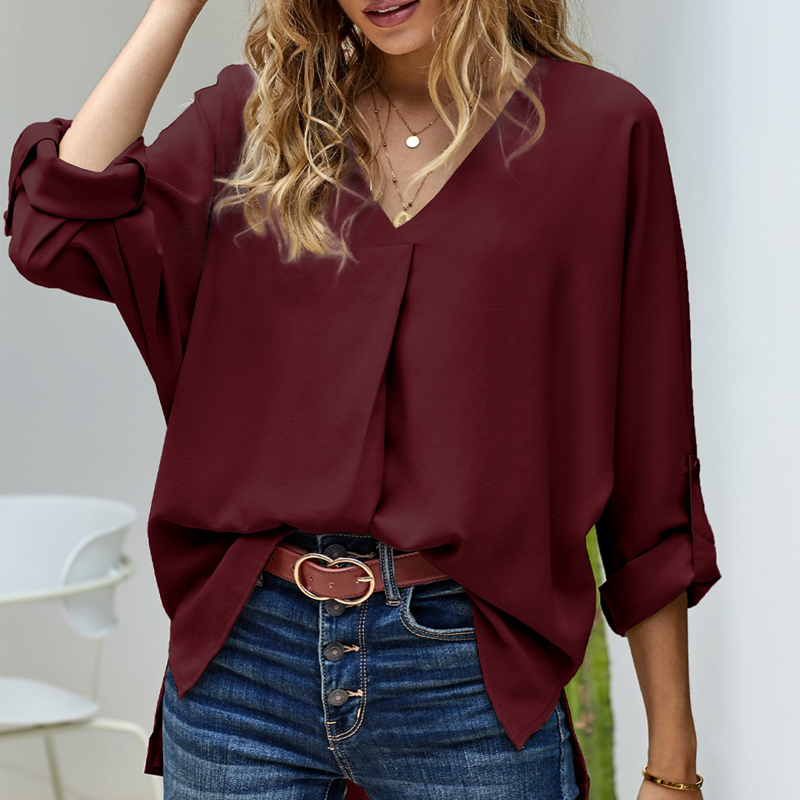 Damen Herbst-Chiffon-Bluse mit V-Ausschnitt