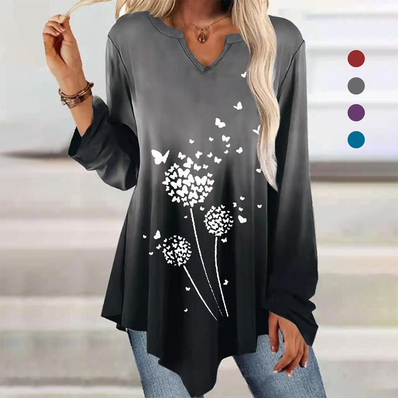 Langärmliges T-Shirt mit gerüschtem Saum und Farbverlauf