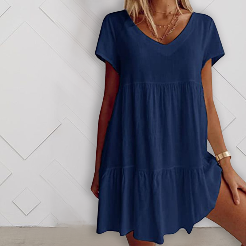 Lässiges Kurzarm-Webkleid mit V-Ausschnitt
