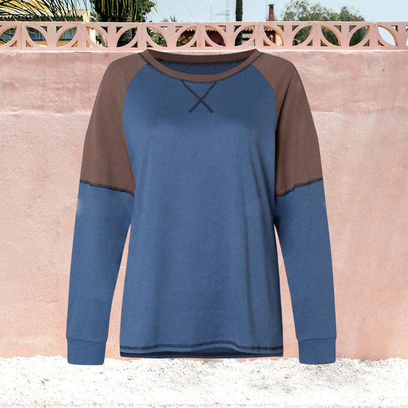 Rundhalsausschnitt langärmeliger Zweifarbiger T-Shirt