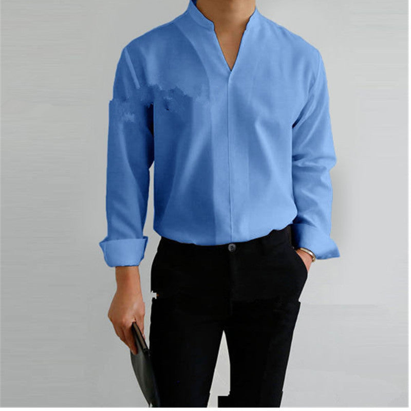 Lässiges einfarbiges langärmliges Hemd mit V-Ausschnitt für Herren