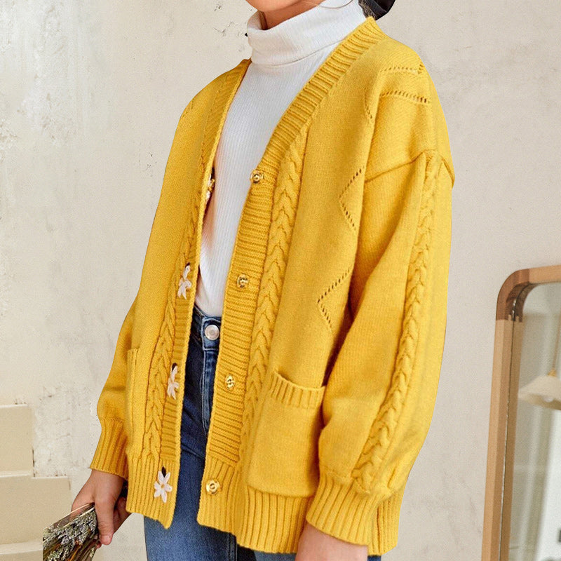 Langärmliger Blumenpullover mit V-Ausschnitt