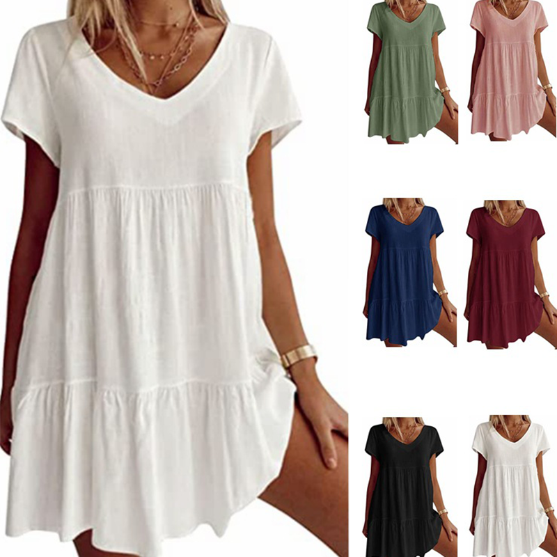 Lässiges Kurzarm-Webkleid mit V-Ausschnitt