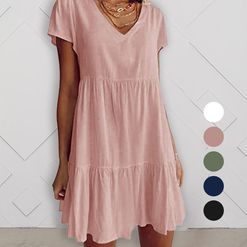 Lässiges Kurzarm-Webkleid mit V-Ausschnitt