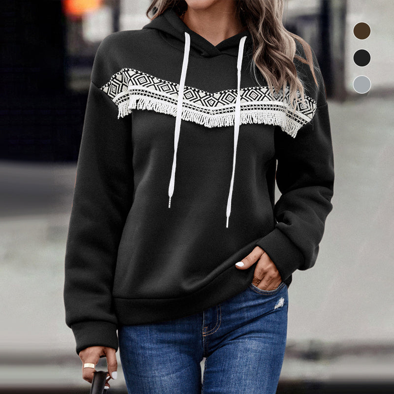 Damen Sweatshirt mit Kapuze und applizierter Spitze