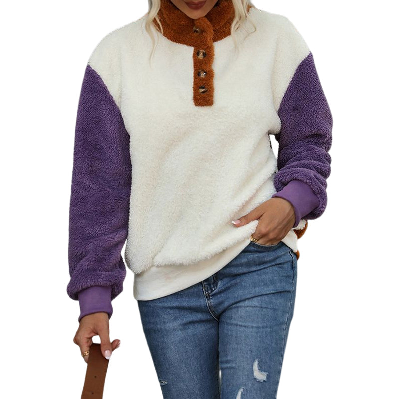 Lockerer Langärmliger Plüschpullover mit Rundhalsausschnitt und Farbblock