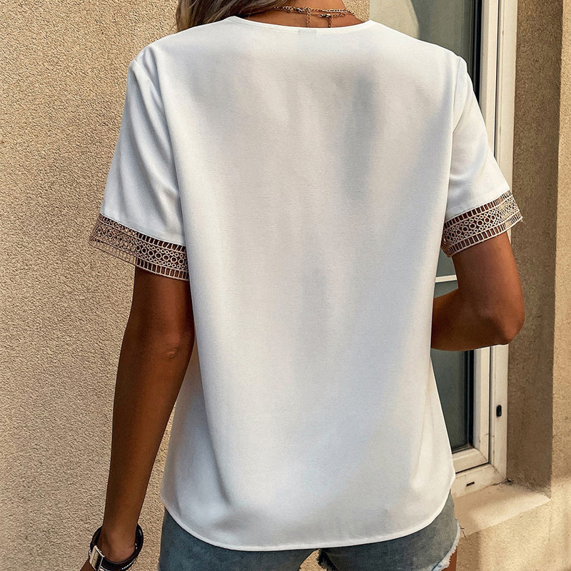 Einfarbiges Spitzen-T-Shirt mit V-Ausschnitt