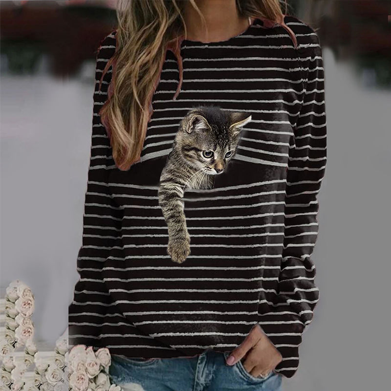 Gestreiftes T-Shirt mit Katzen-Print