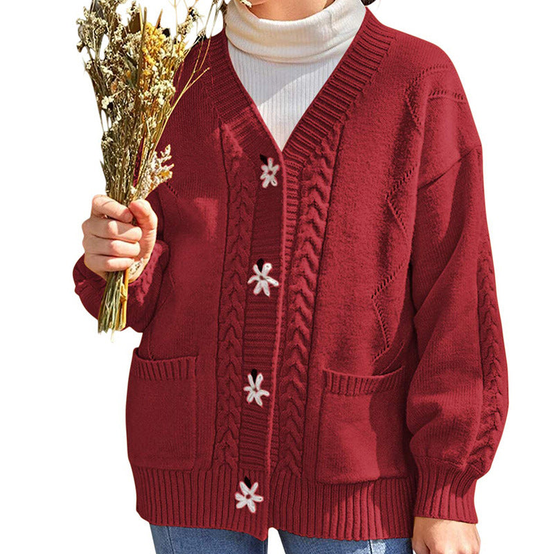 Langärmliger Blumenpullover mit V-Ausschnitt