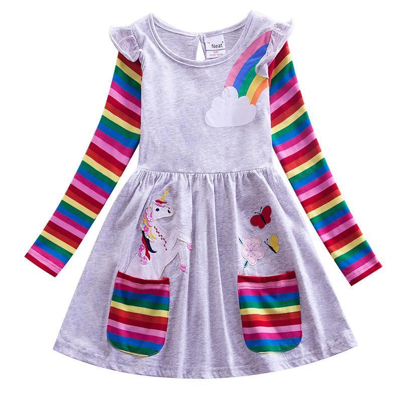 Mädchen Einhorn-Regenbogen-Streifen Kleid