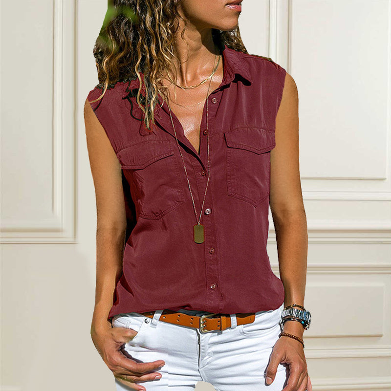 Einfarbige Ärmellose Bluse Mit Taschen