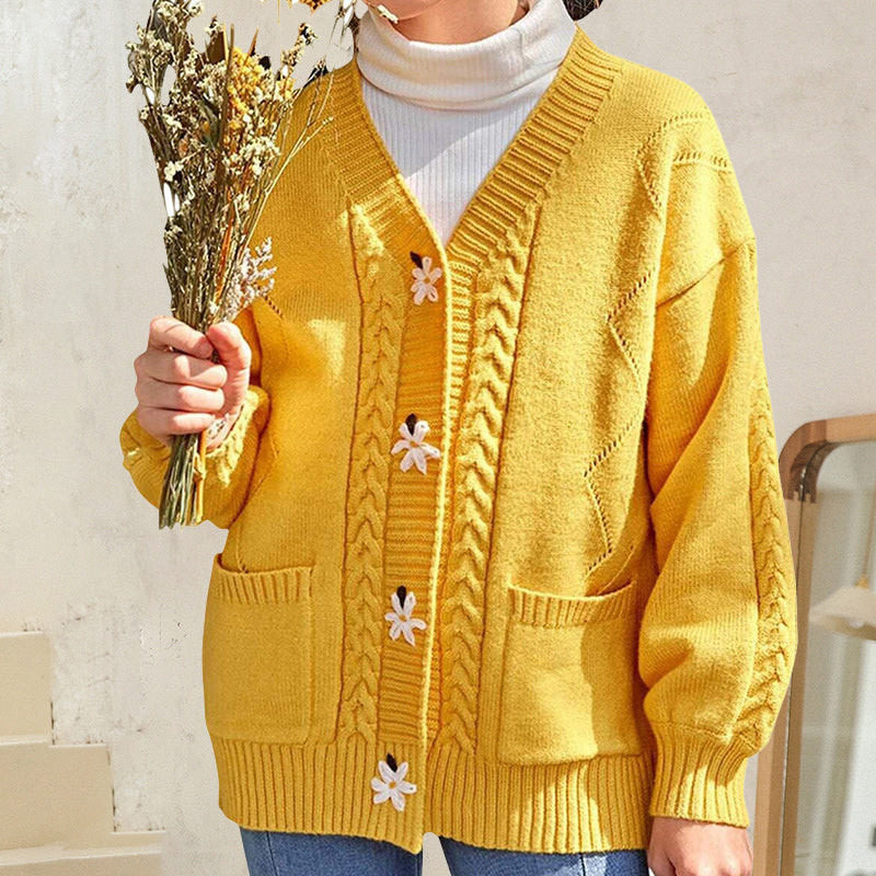 Langärmliger Blumenpullover mit V-Ausschnitt