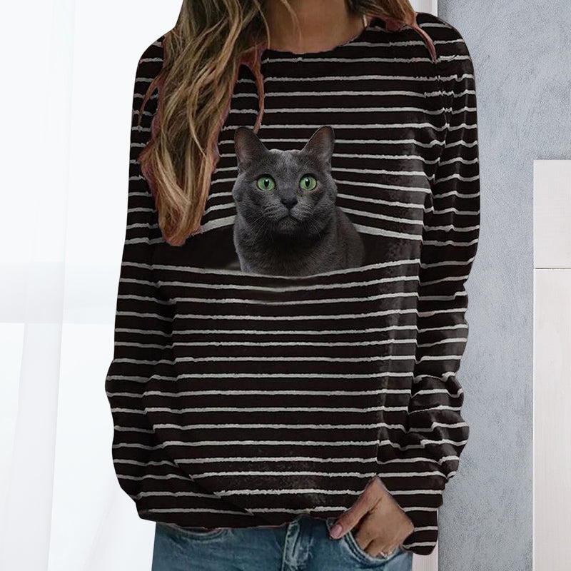 Gestreiftes T-Shirt mit Katzen-Print