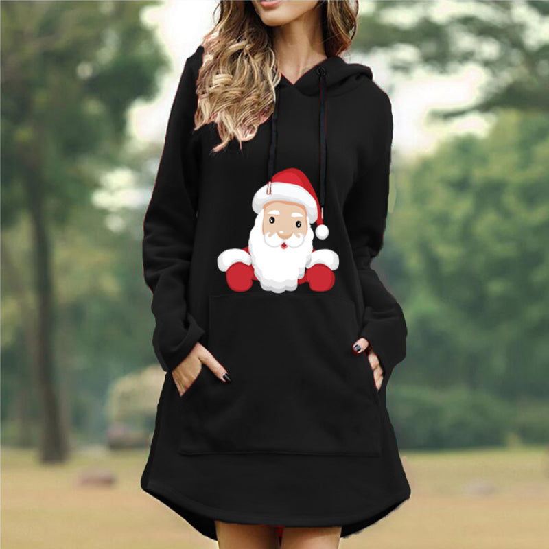 Langärmliges Pulloverkleid mit Kapuze und Weihnachtsdruck