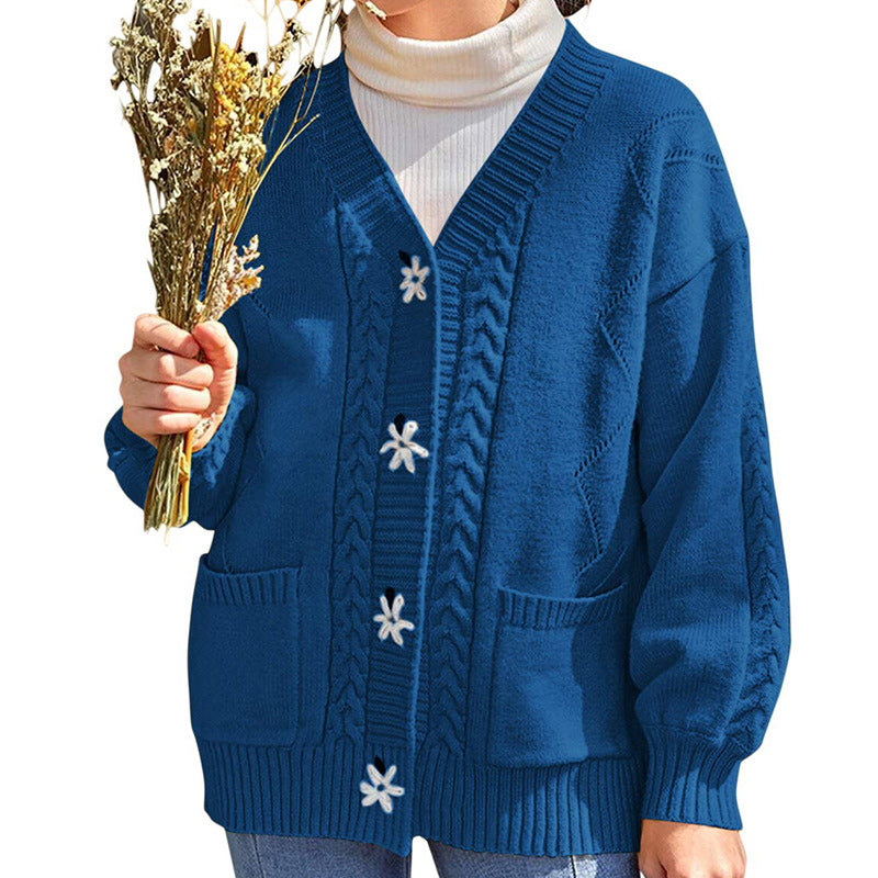 Langärmliger Blumenpullover mit V-Ausschnitt