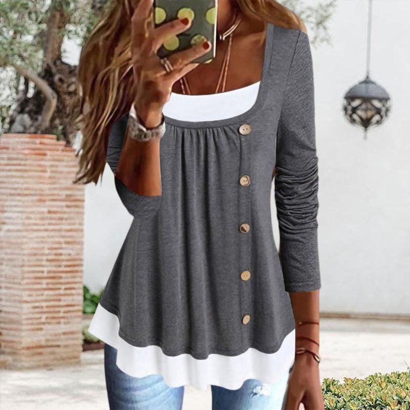 Damen-T-Shirt mit plissierten Knöpfen und langen Ärmeln