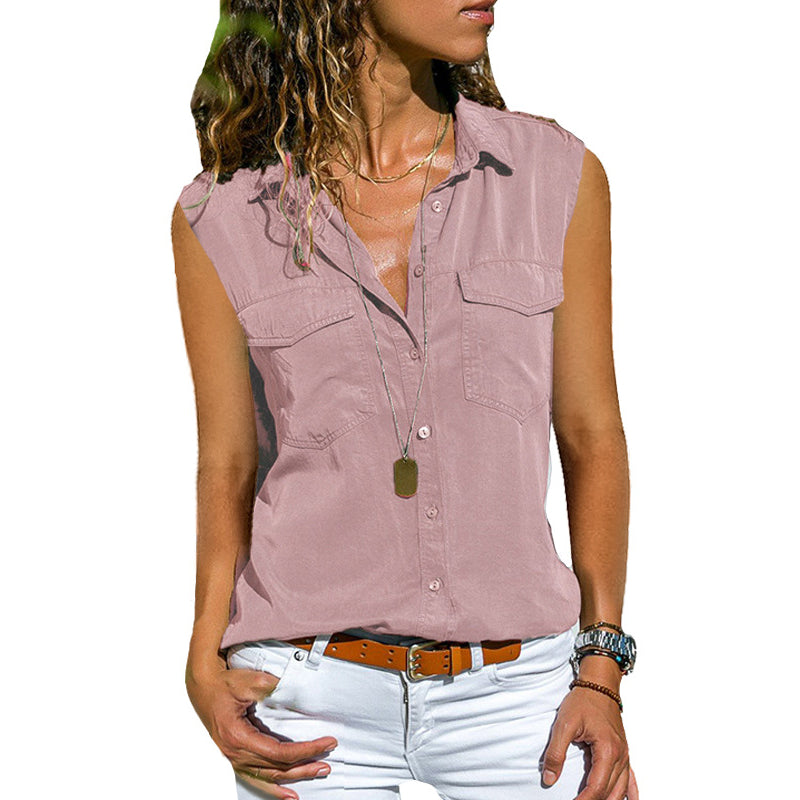 Einfarbige Ärmellose Bluse Mit Taschen