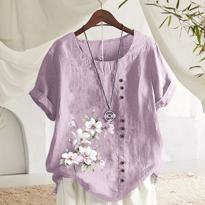 Damen Kurzärmlige Bluse aus Baumwolle und Leinen mit Blumenmuster
