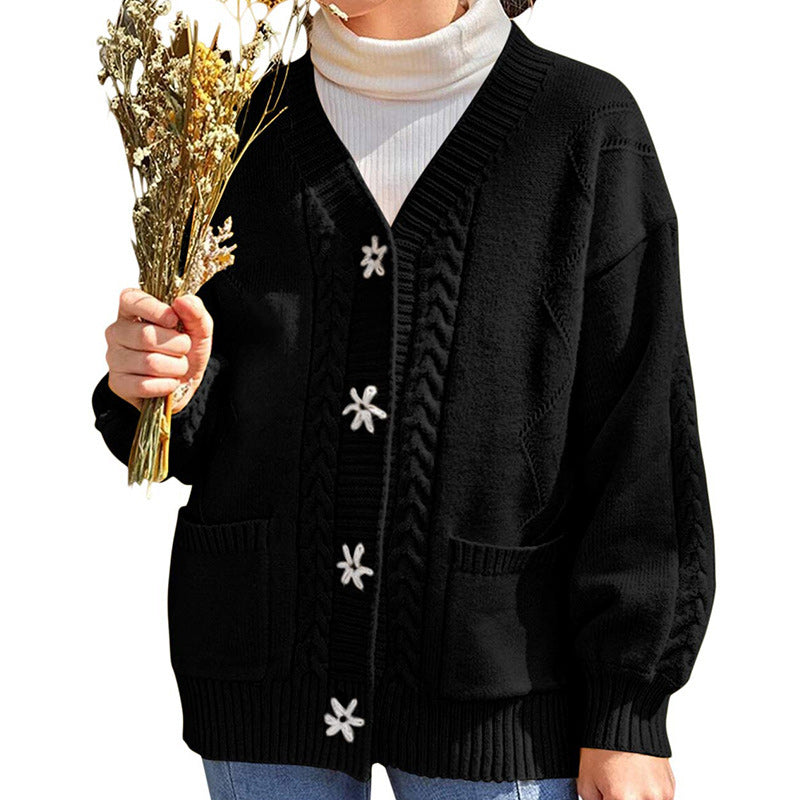 Langärmliger Blumenpullover mit V-Ausschnitt