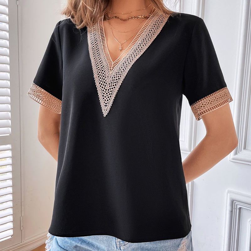 Einfarbiges Spitzen-T-Shirt mit V-Ausschnitt