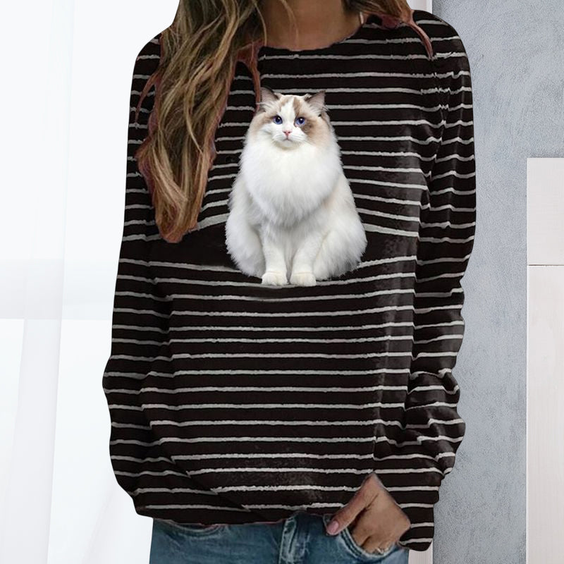 Gestreiftes T-Shirt mit Katzen-Print