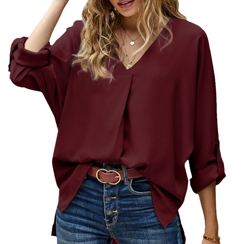 Damen Herbst-Chiffon-Bluse mit V-Ausschnitt