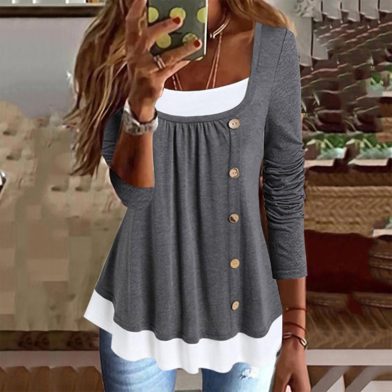 Damen-T-Shirt mit plissierten Knöpfen und langen Ärmeln
