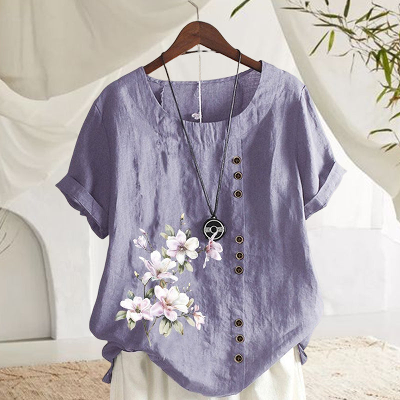 Damen Kurzärmlige Bluse aus Baumwolle und Leinen mit Blumenmuster