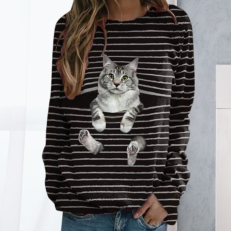 Gestreiftes T-Shirt mit Katzen-Print