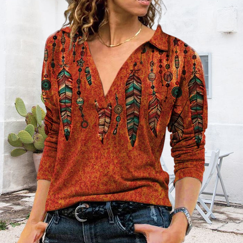 Damen Bedrucktes Langärmliges T-Shirt mit V-Revers