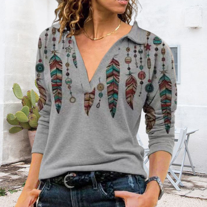 Damen Bedrucktes Langärmliges T-Shirt mit V-Revers