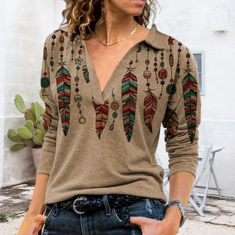 Damen Bedrucktes Langärmliges T-Shirt mit V-Revers