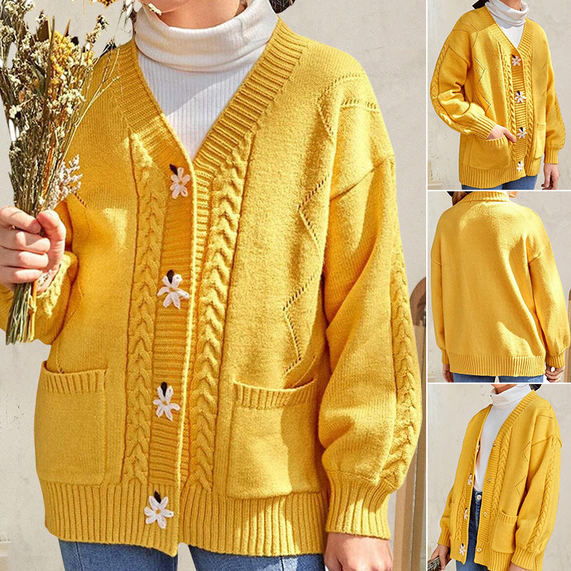 Langärmliger Blumenpullover mit V-Ausschnitt