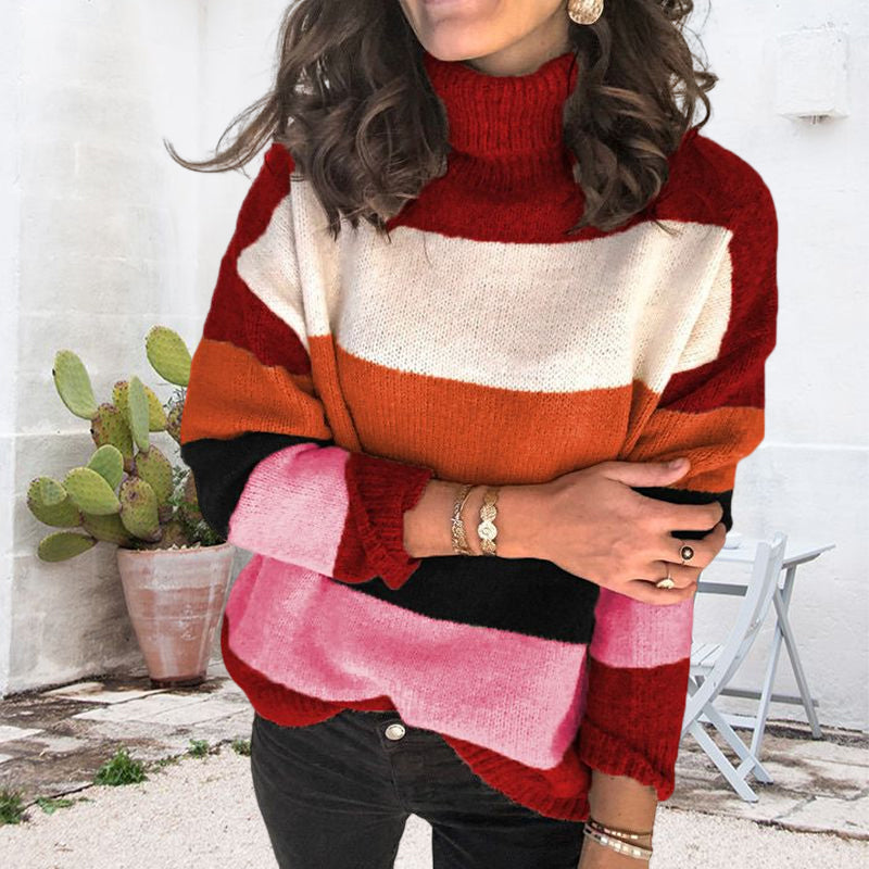 Gestreifter Strickpullover mit Stehkragen